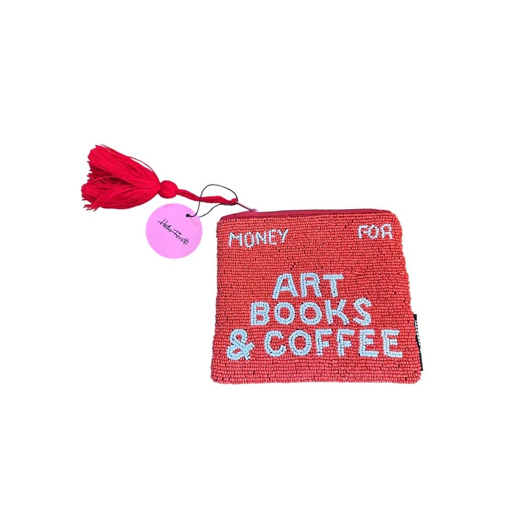 NWT Helio Ferretti Money For Art Books & Coffee Clutch Zip Pouch Bag Red Beaded